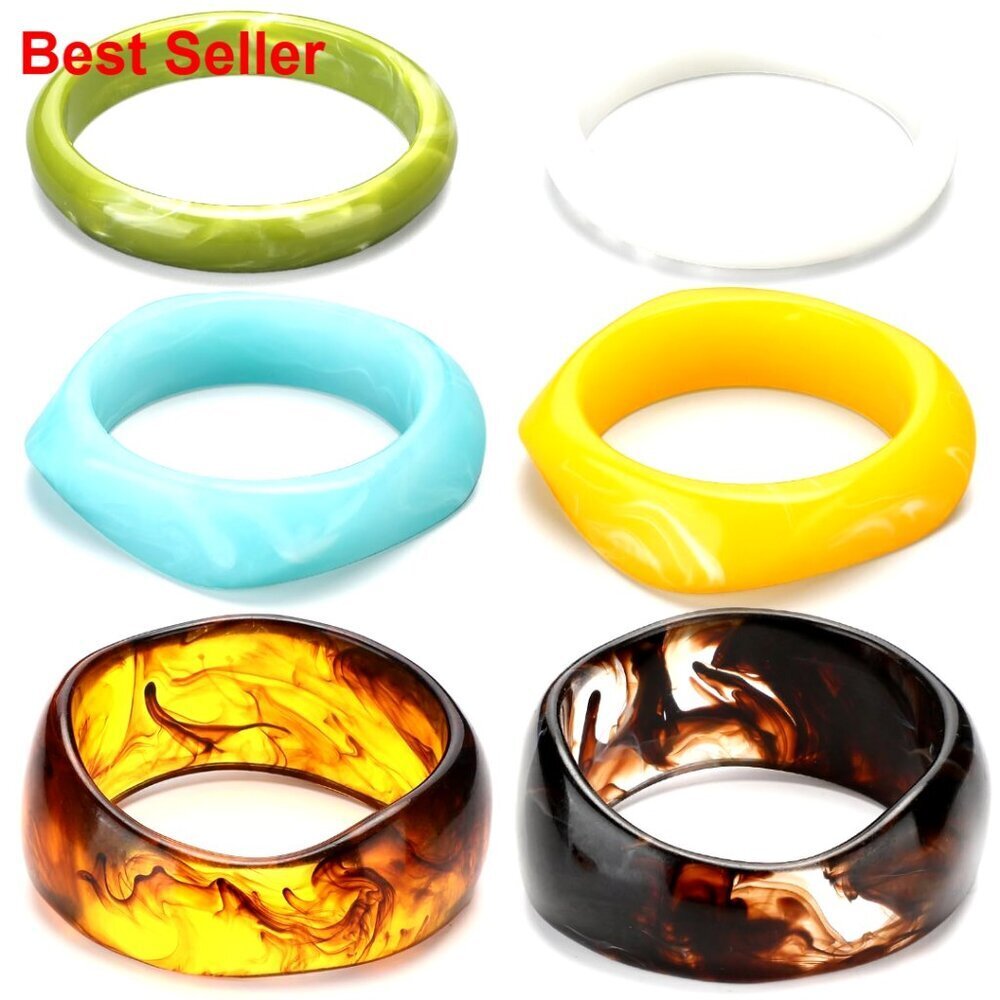 Acrylic Resin Chunky Bangle Bracelets Set of 6 Geometric Wide Cuffs